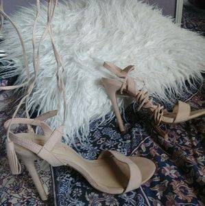 Blush suede tie up heels